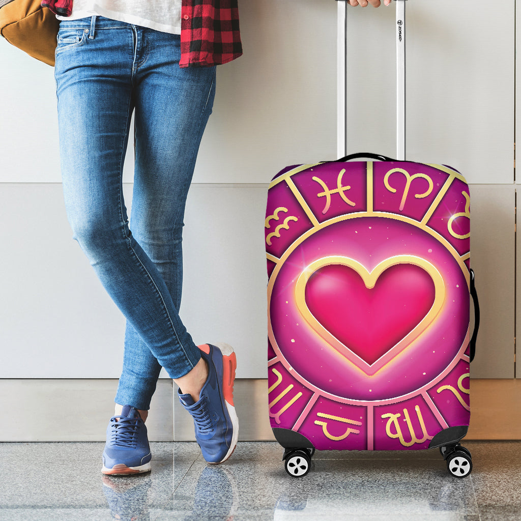 Pink Heart Zodiac Wheel Print Luggage Cover