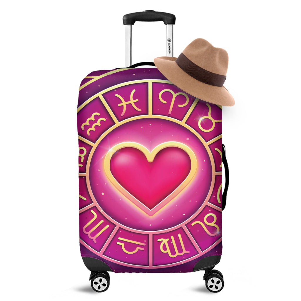 Pink Heart Zodiac Wheel Print Luggage Cover