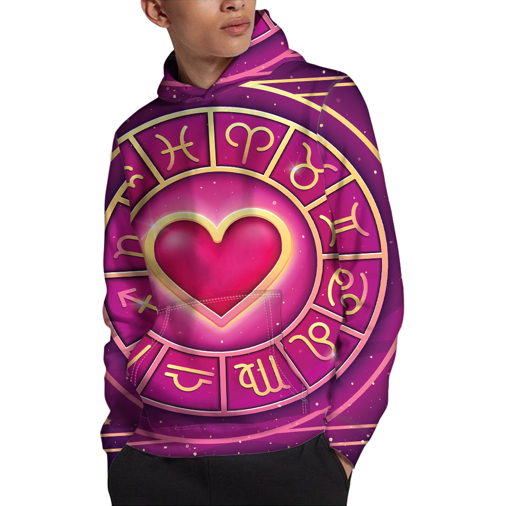 Pink Heart Zodiac Wheel Print Pullover Hoodie