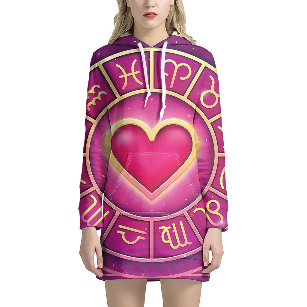 Pink Heart Zodiac Wheel Print Pullover Hoodie Dress