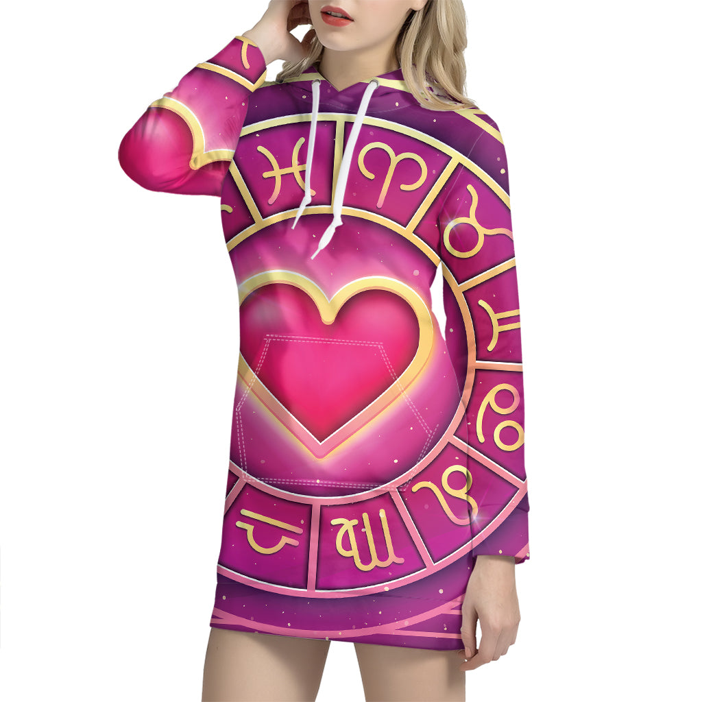 Pink Heart Zodiac Wheel Print Pullover Hoodie Dress