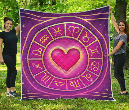 Pink Heart Zodiac Wheel Print Quilt