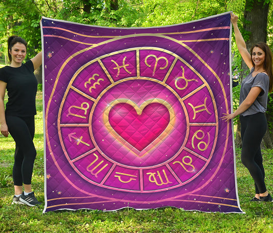 Pink Heart Zodiac Wheel Print Quilt