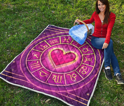 Pink Heart Zodiac Wheel Print Quilt