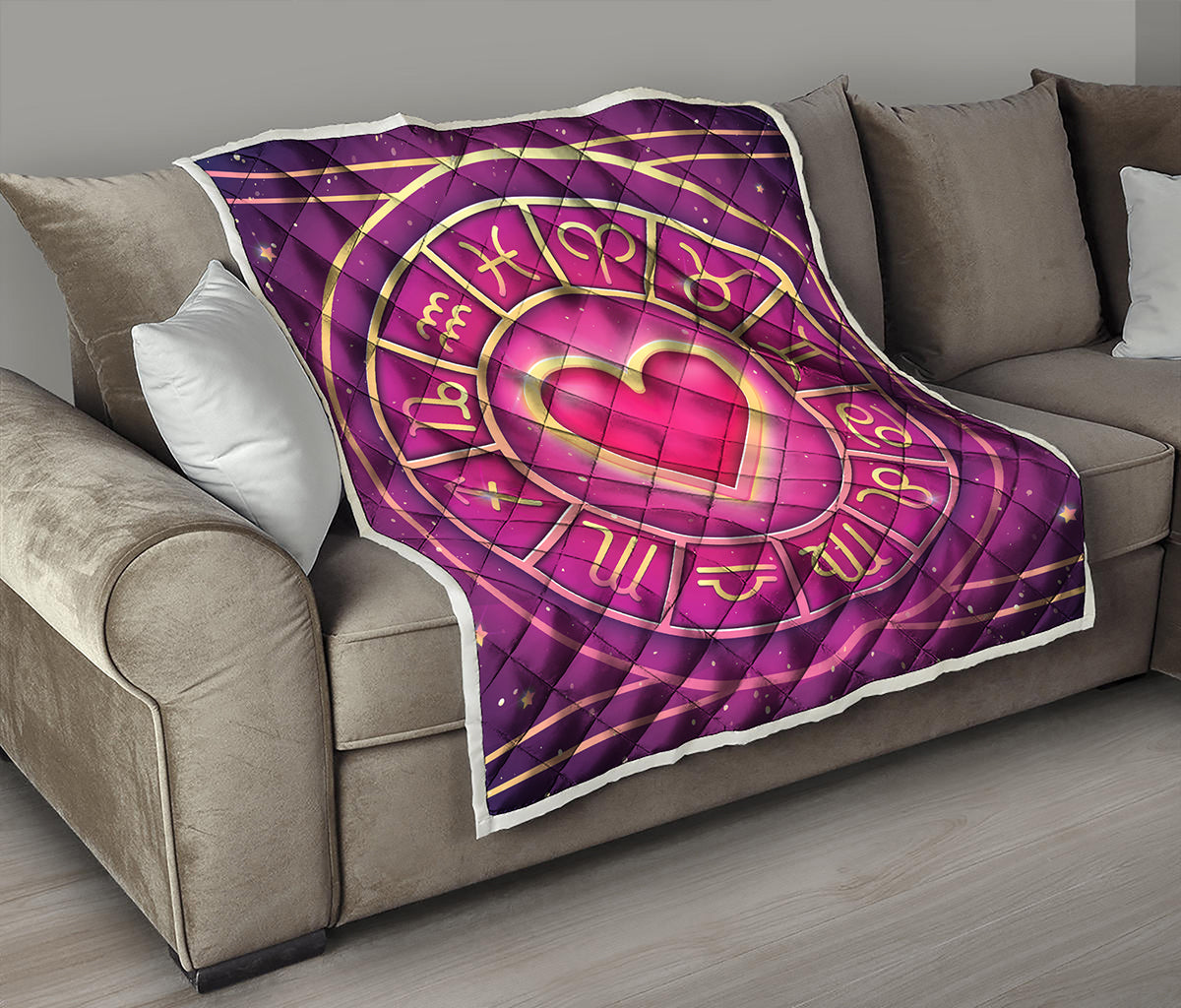 Pink Heart Zodiac Wheel Print Quilt