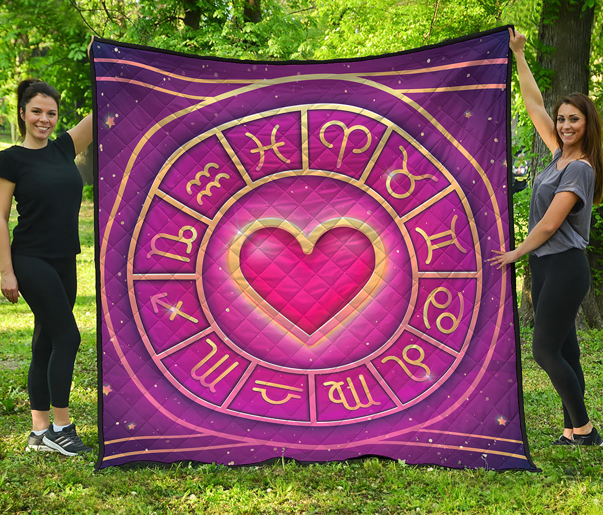 Pink Heart Zodiac Wheel Print Quilt