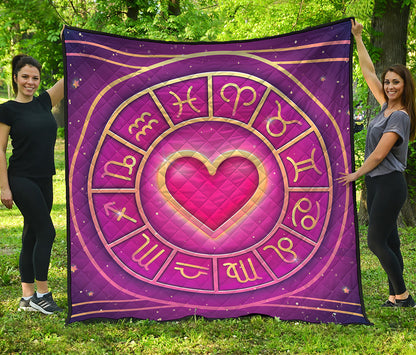 Pink Heart Zodiac Wheel Print Quilt