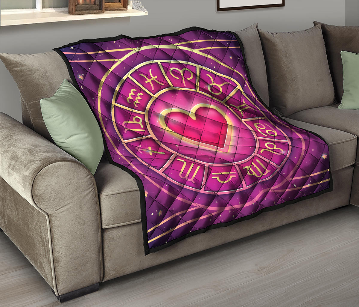 Pink Heart Zodiac Wheel Print Quilt