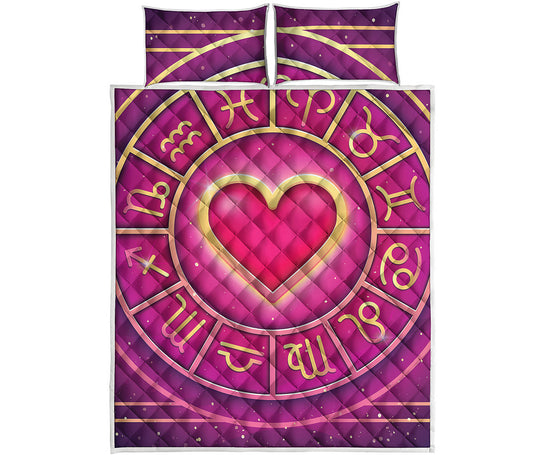 Pink Heart Zodiac Wheel Print Quilt Bed Set