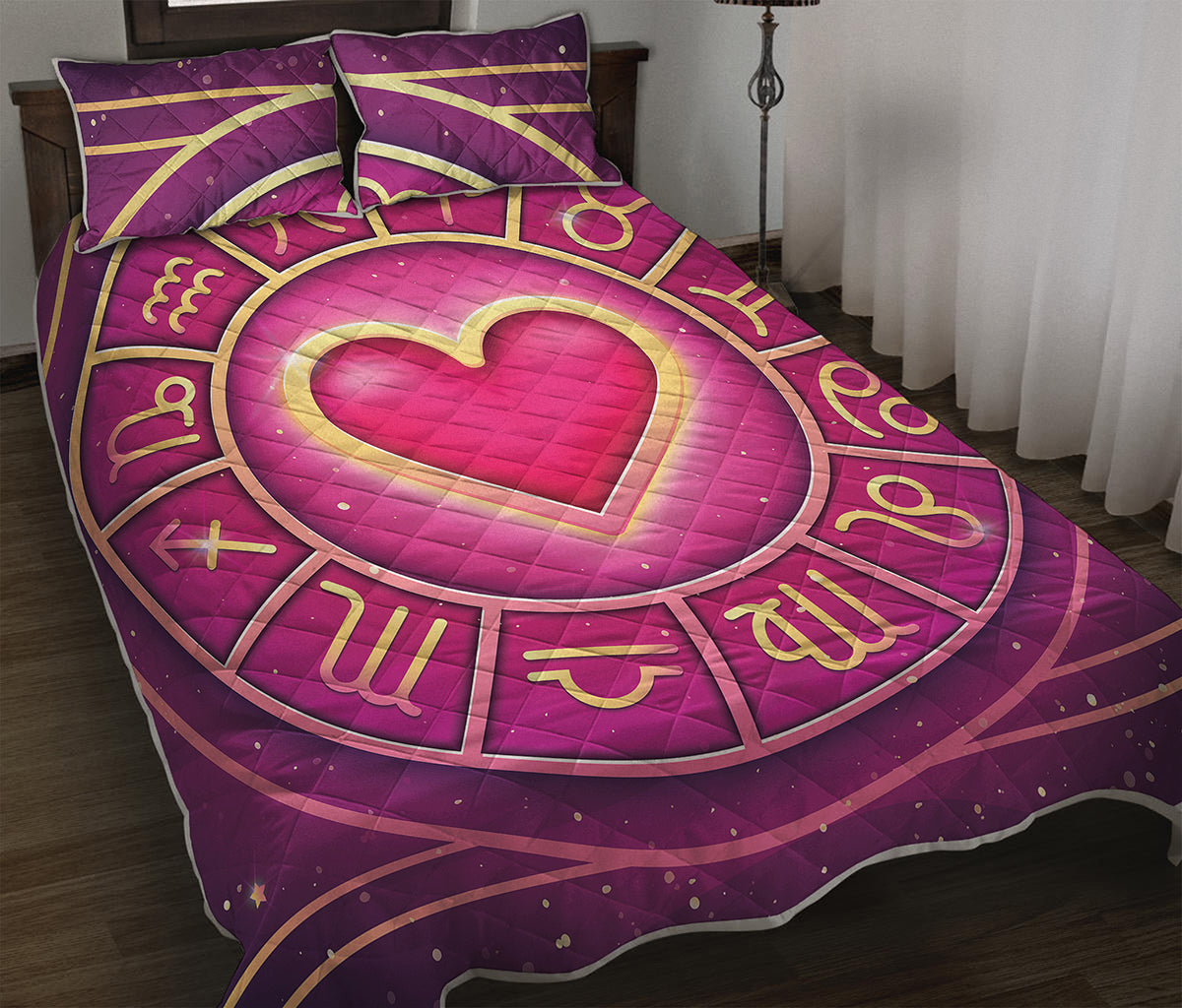 Pink Heart Zodiac Wheel Print Quilt Bed Set