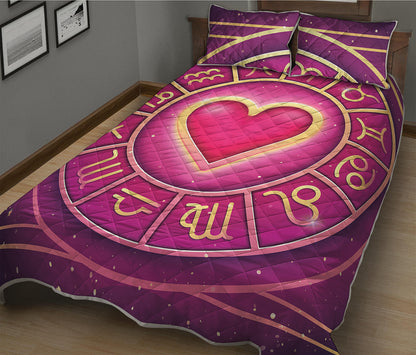 Pink Heart Zodiac Wheel Print Quilt Bed Set