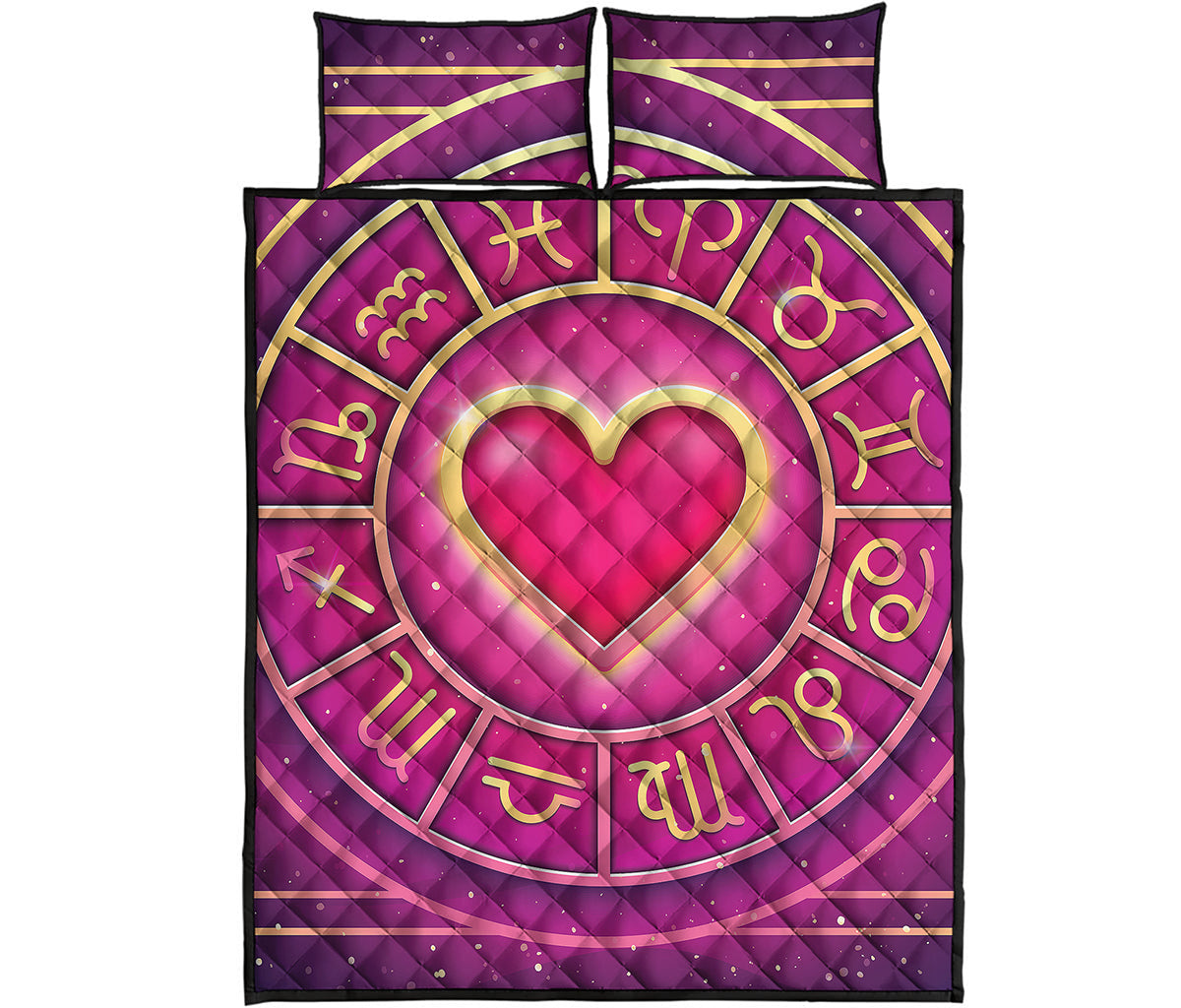 Pink Heart Zodiac Wheel Print Quilt Bed Set