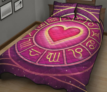 Pink Heart Zodiac Wheel Print Quilt Bed Set