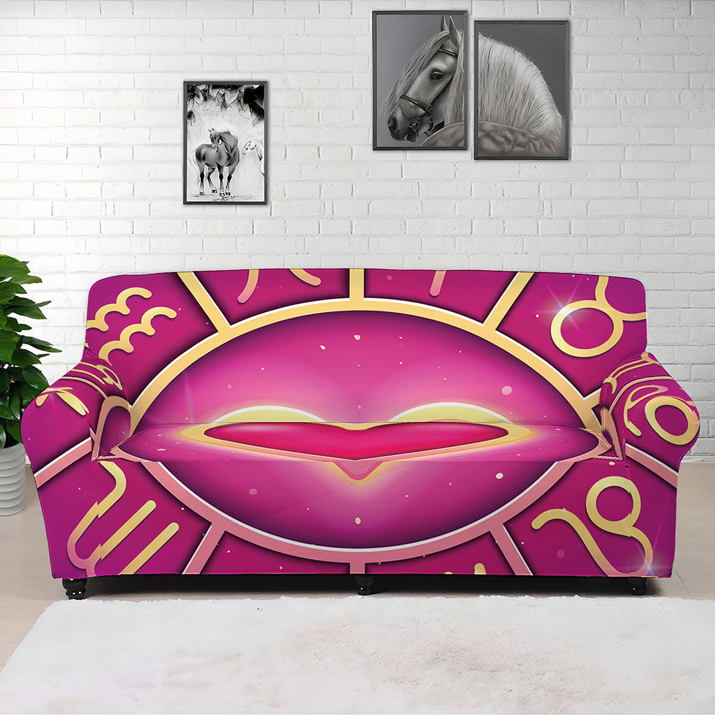 Pink Heart Zodiac Wheel Print Sofa Cover