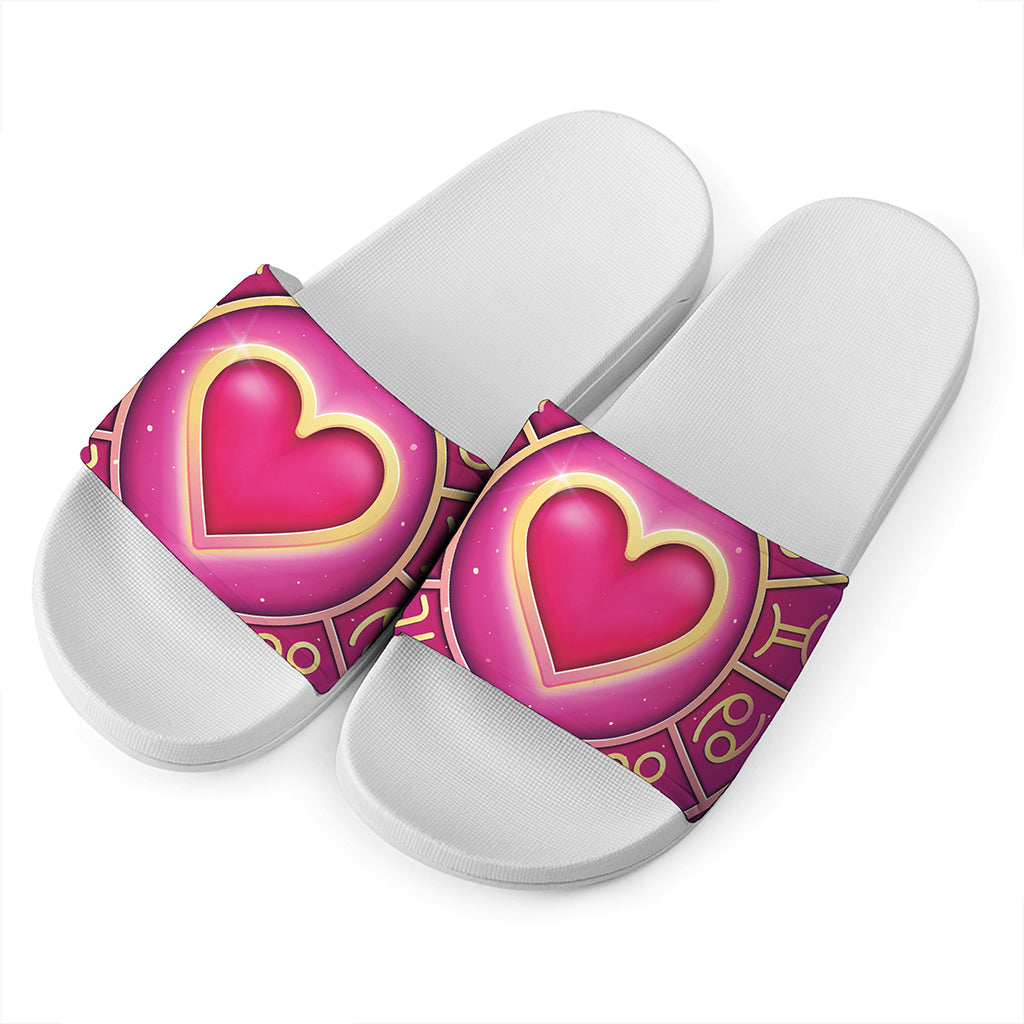 Pink Heart Zodiac Wheel Print White Slide Sandals