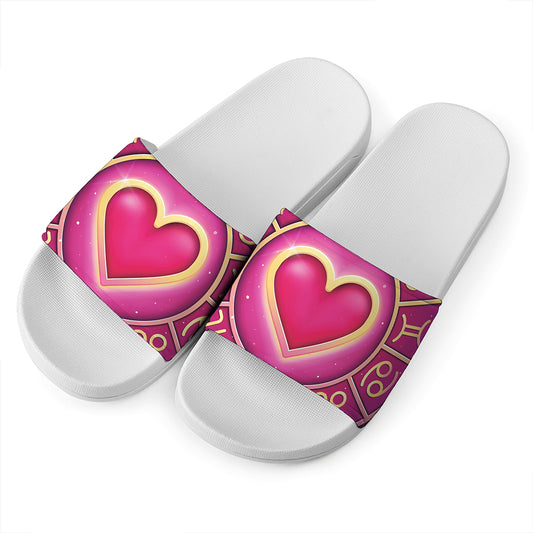 Pink Heart Zodiac Wheel Print White Slide Sandals