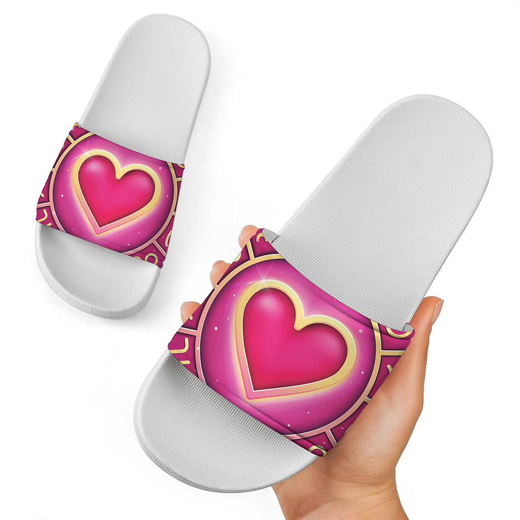 Pink Heart Zodiac Wheel Print White Slide Sandals