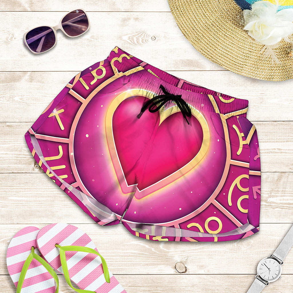 Pink Heart Zodiac Wheel Print Women's Shorts