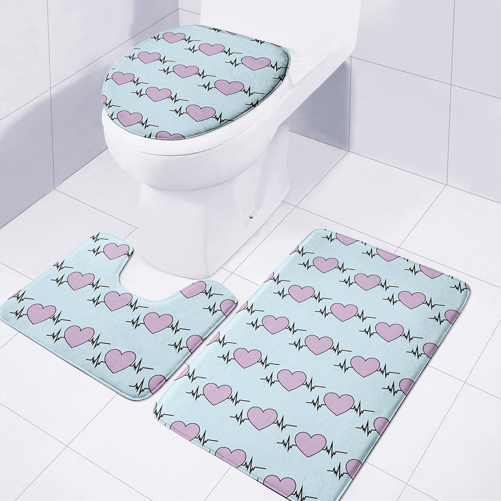 Pink Heartbeat Pattern Print 3 Piece Bath Mat Set