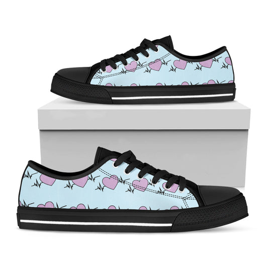 Pink Heartbeat Pattern Print Black Low Top Shoes