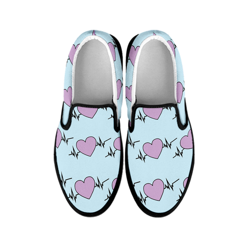 Pink Heartbeat Pattern Print Black Slip On Shoes