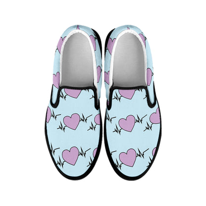 Pink Heartbeat Pattern Print Black Slip On Shoes