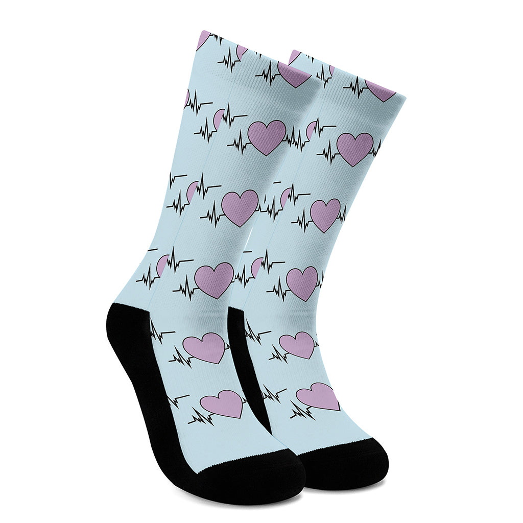 Pink Heartbeat Pattern Print Crew Socks