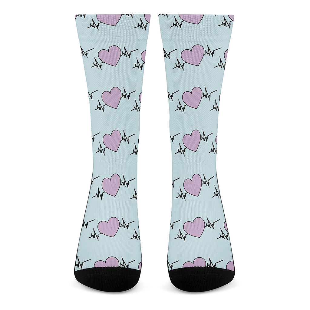 Pink Heartbeat Pattern Print Crew Socks