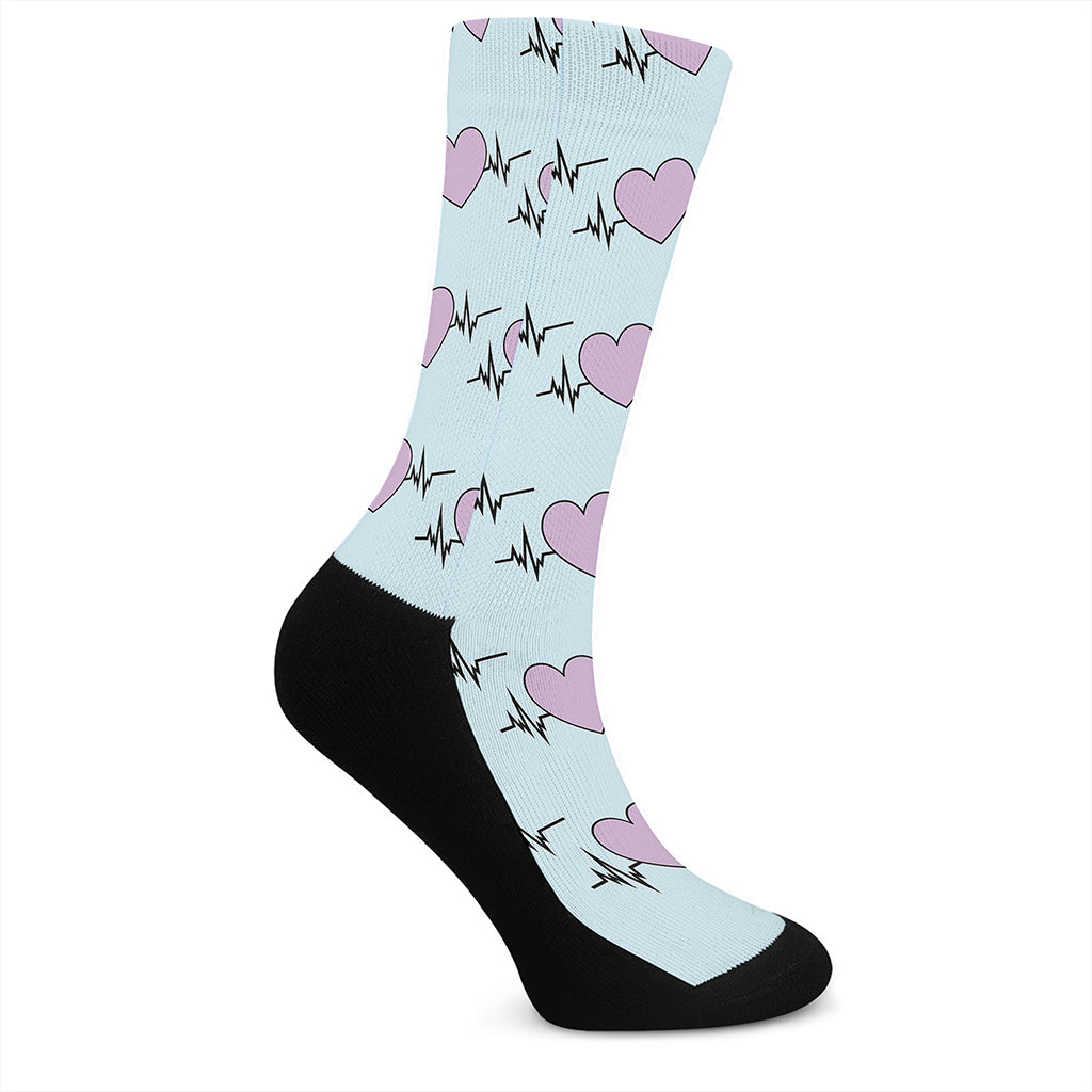 Pink Heartbeat Pattern Print Crew Socks