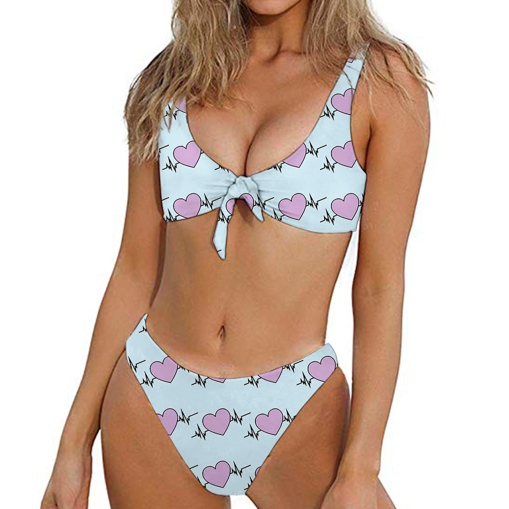 Pink Heartbeat Pattern Print Front Bow Tie Bikini