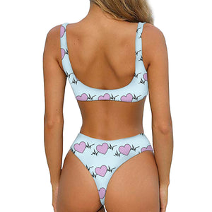 Pink Heartbeat Pattern Print Front Bow Tie Bikini
