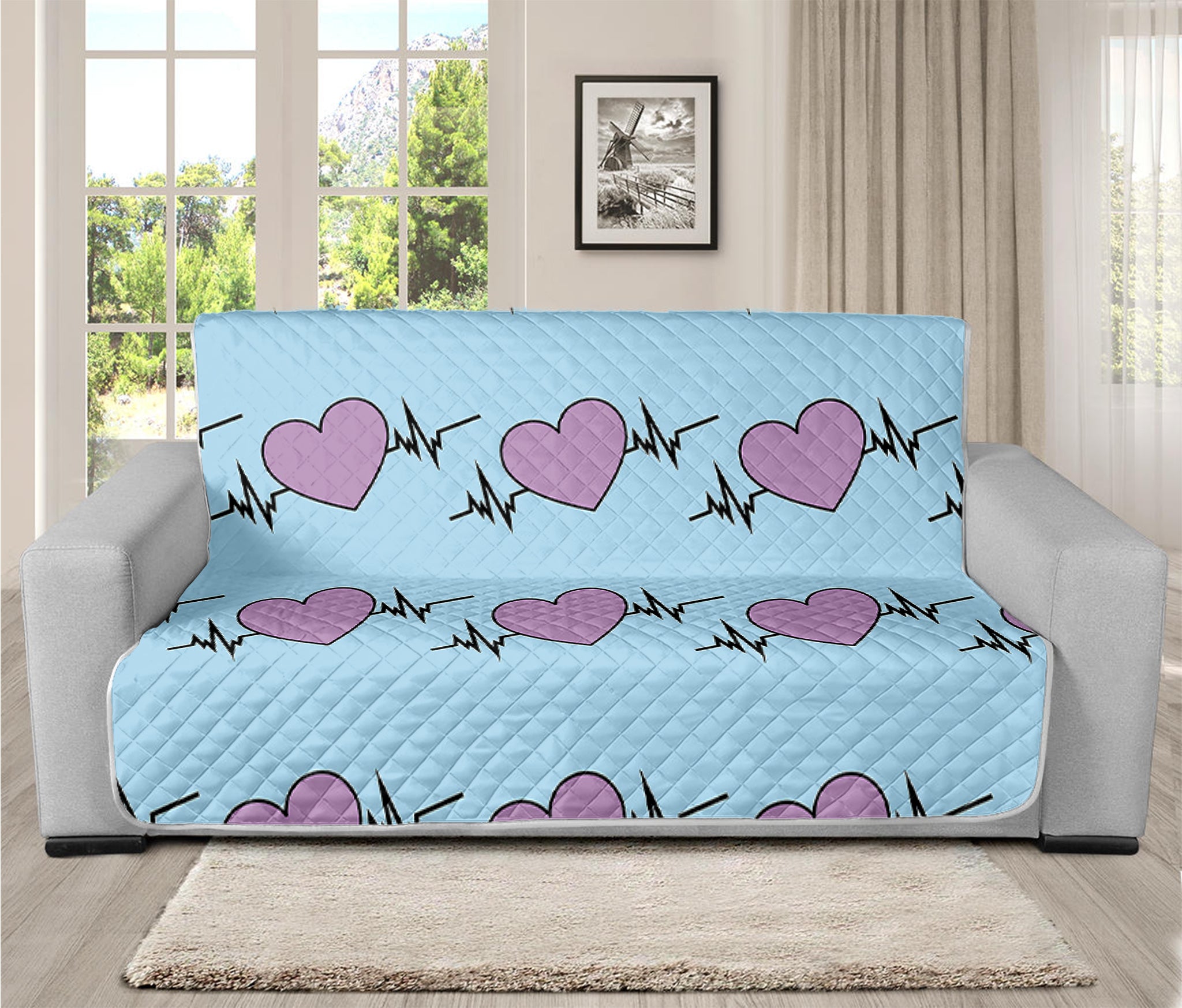 Pink Heartbeat Pattern Print Futon Protector