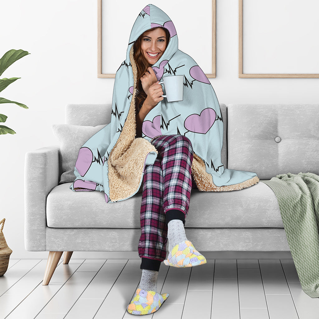 Pink Heartbeat Pattern Print Hooded Blanket