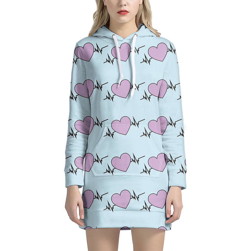 Pink Heartbeat Pattern Print Hoodie Dress
