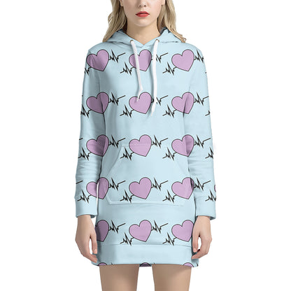 Pink Heartbeat Pattern Print Hoodie Dress