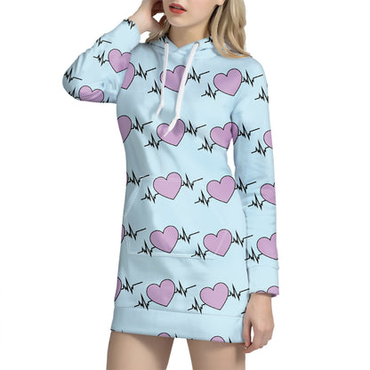 Pink Heartbeat Pattern Print Hoodie Dress