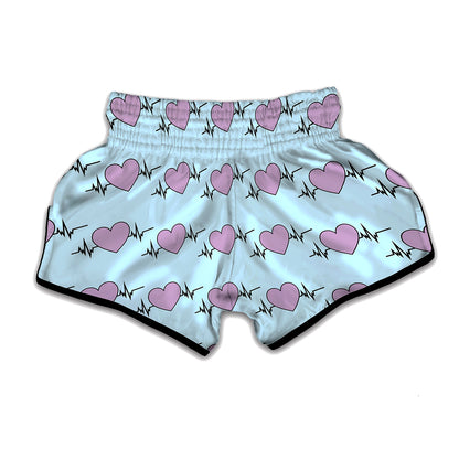 Pink Heartbeat Pattern Print Muay Thai Boxing Shorts