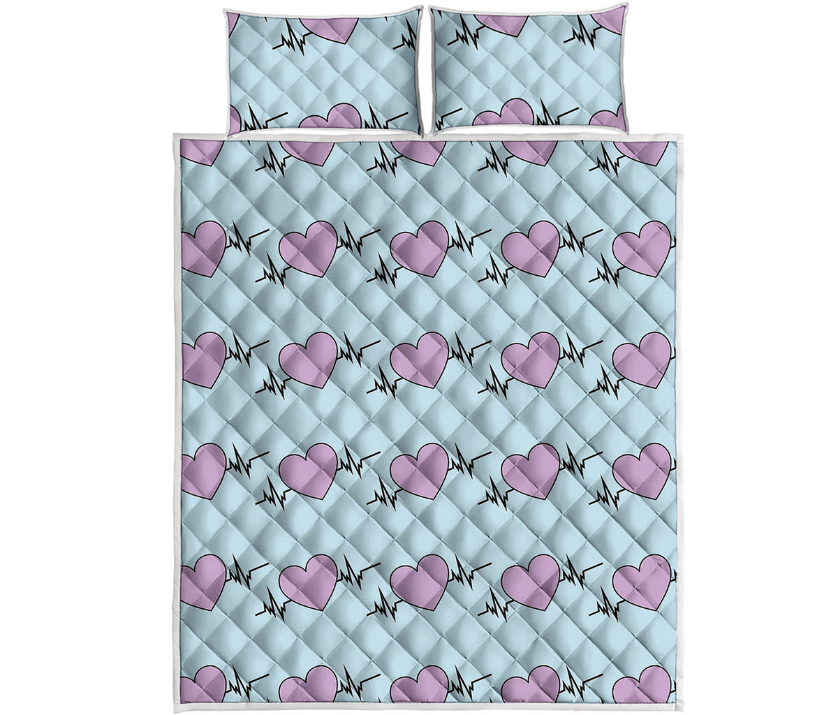 Pink Heartbeat Pattern Print Quilt Bed Set