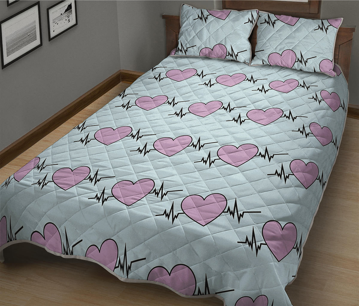 Pink Heartbeat Pattern Print Quilt Bed Set