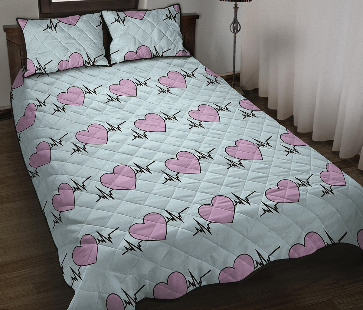 Pink Heartbeat Pattern Print Quilt Bed Set