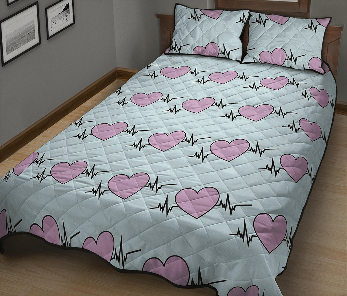 Pink Heartbeat Pattern Print Quilt Bed Set