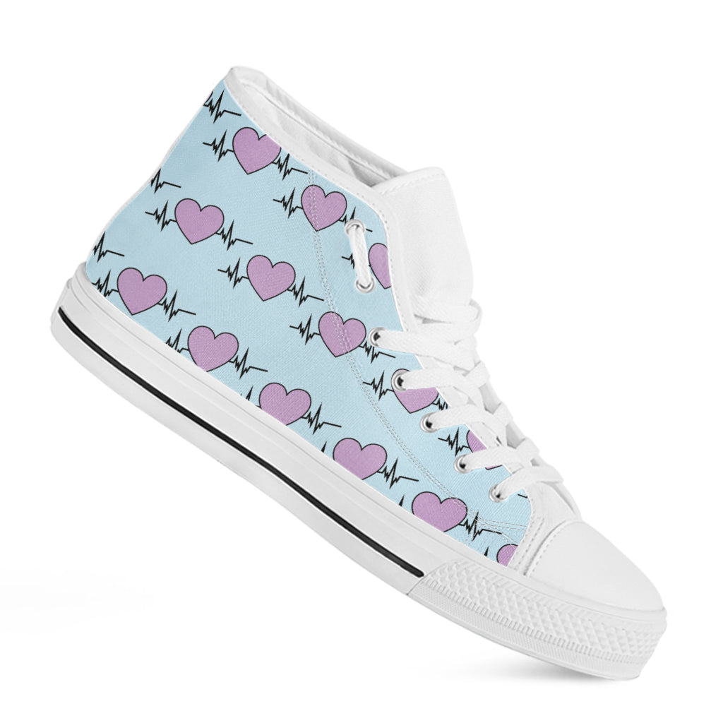 Pink Heartbeat Pattern Print White High Top Shoes