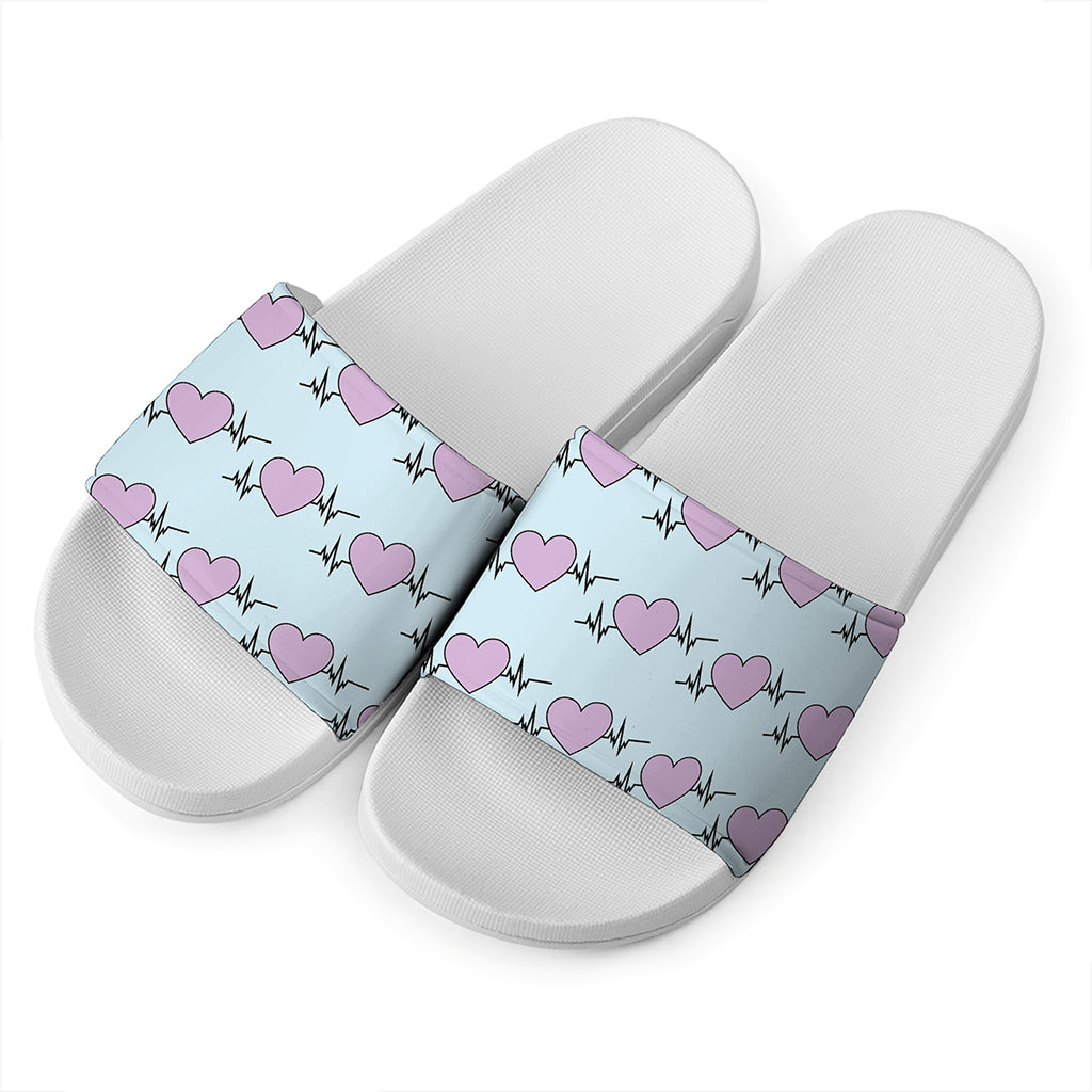 Pink Heartbeat Pattern Print White Slide Sandals