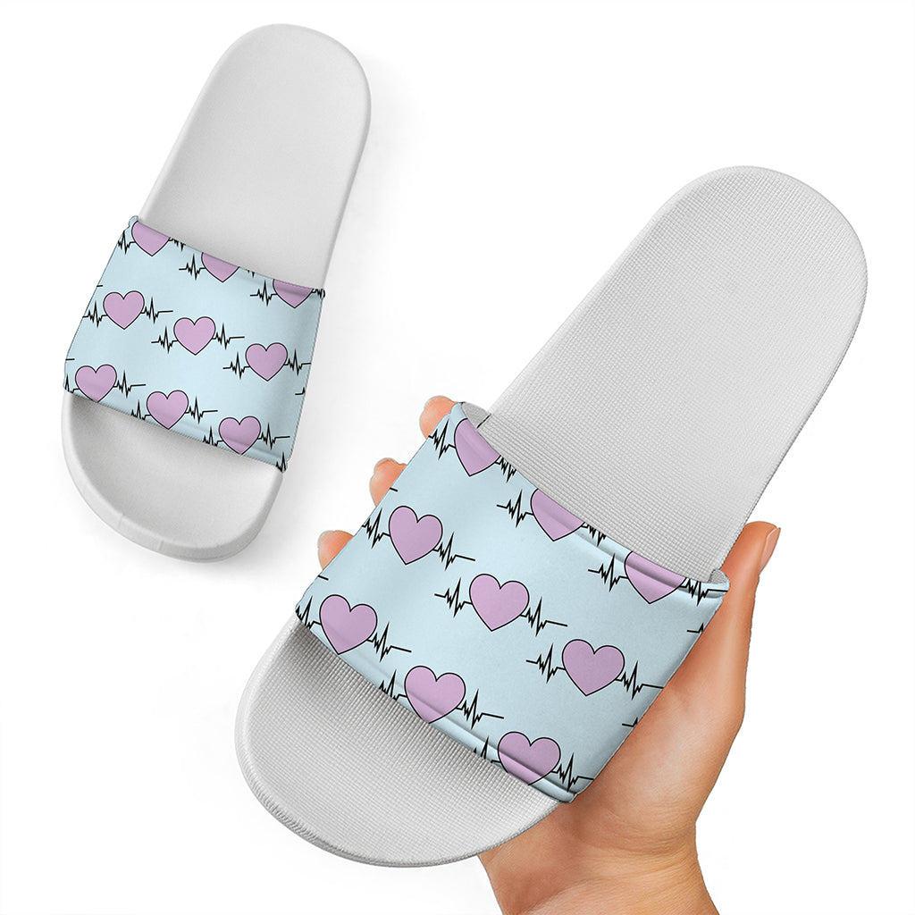 Pink Heartbeat Pattern Print White Slide Sandals