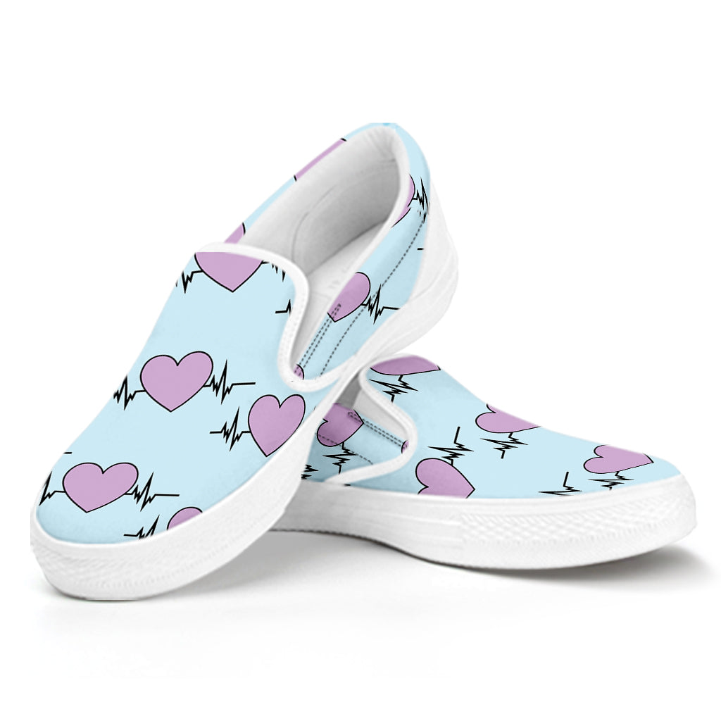 Pink Heartbeat Pattern Print White Slip On Shoes