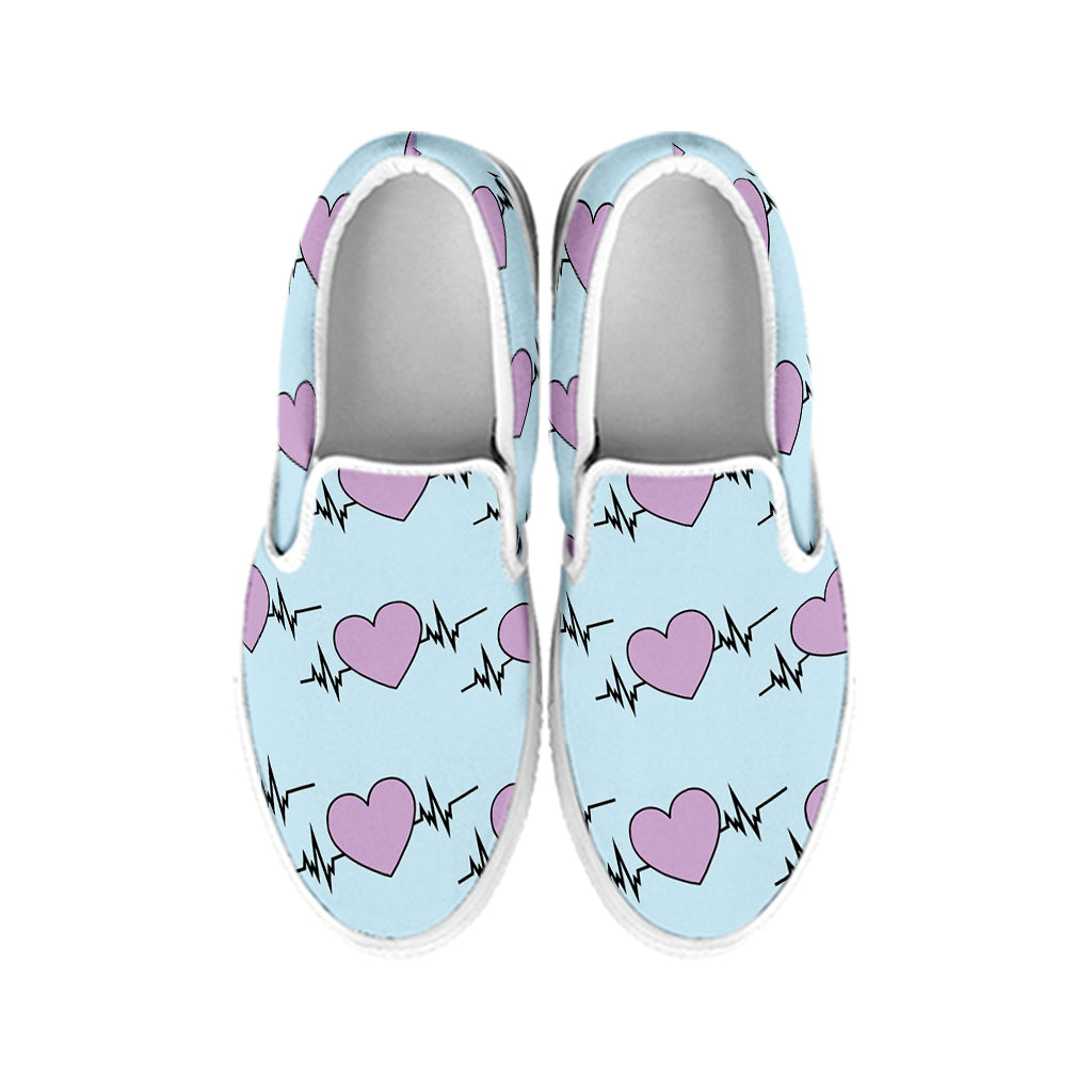 Pink Heartbeat Pattern Print White Slip On Shoes