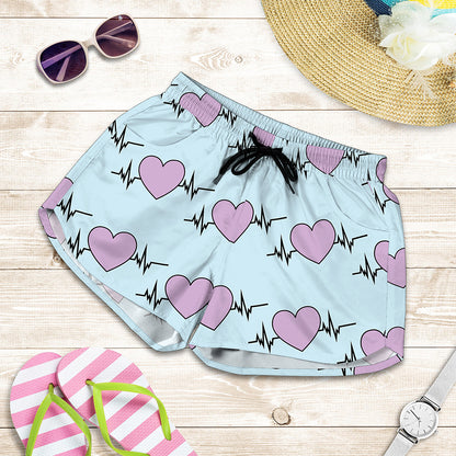 Pink Heartbeat Pattern Print Women's Shorts