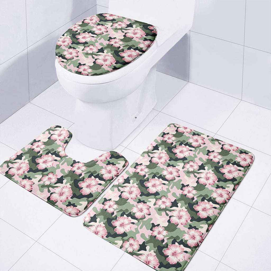 Pink Hibiscus Flower Camouflage Print 3 Piece Bath Mat Set