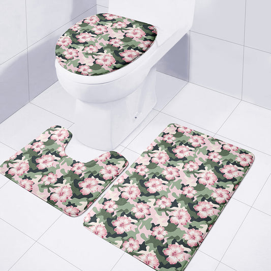 Pink Hibiscus Flower Camouflage Print 3 Piece Bath Mat Set