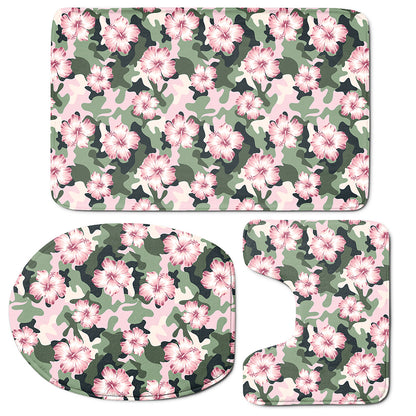 Pink Hibiscus Flower Camouflage Print 3 Piece Bath Mat Set